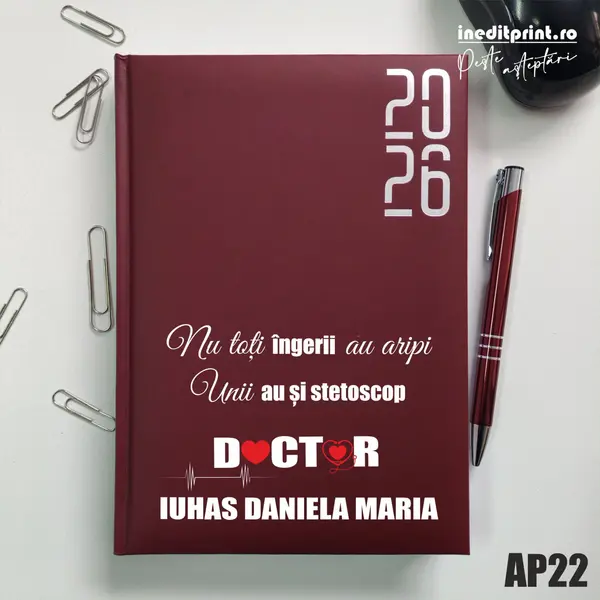 Agenda personalizata 2026 Ingeri cu stetoscop AP22 DATATA RT, Bordo