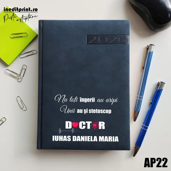 Agenda personalizata 2026 Ingeri cu stetoscop AP22 DELUXE PREMIUM, Teano Albastru Inchis