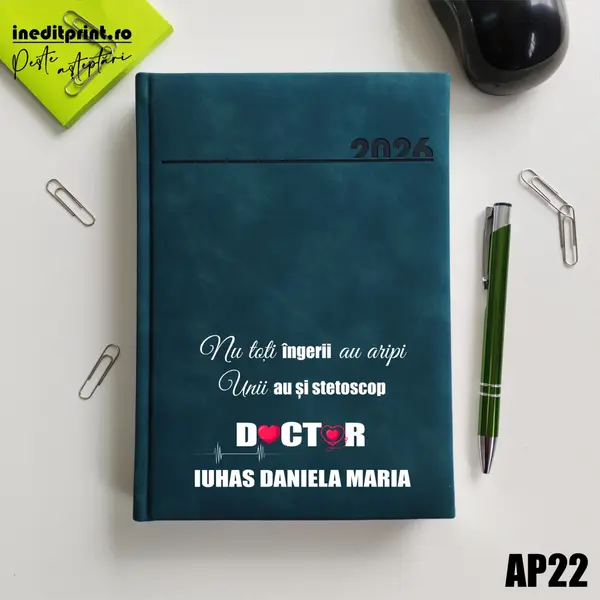 Agenda personalizata 2026 Ingeri cu stetoscop AP22 DELUXE PREMIUM, Chia Verde Petrol