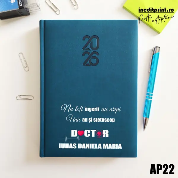 Agenda personalizata 2026 Ingeri cu stetoscop AP22 STANDARD HT2, Albastru Petrol