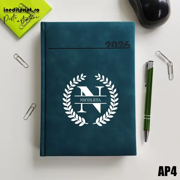 Agenda personalizata 2026 Initiala + Nume - AP4 DELUXE PREMIUM, Chia Verde Petrol