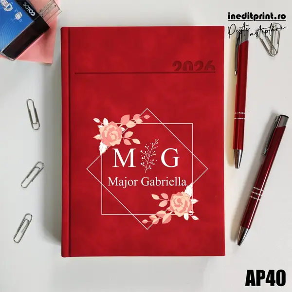 Agenda personalizata 2026 Initiala + Nume AP40 DELUXE PREMIUM, Chia Rosu