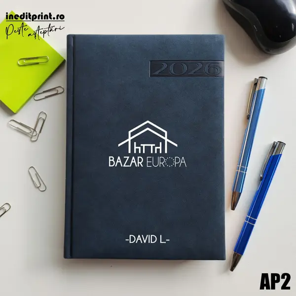Agenda personalizata 2026 Logo + Nume AP2 DELUXE PREMIUM, Teano Albastru Inchis