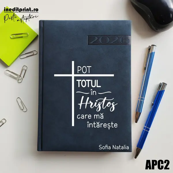 Agenda personalizata 2026 Pot totul in Hristos APC2 DELUXE PREMIUM, Teano Albastru Inchis