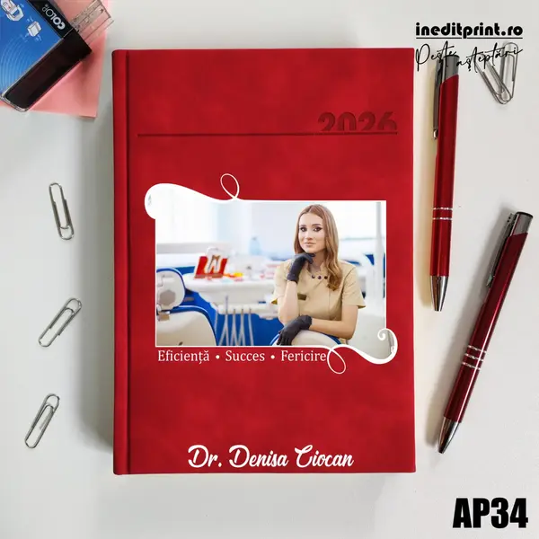Agenda personalizata 2026 Poza + Text + Motto AP34 DELUXE PREMIUM, Chia Rosu