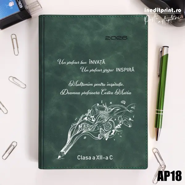Agenda personalizata 2026 Profesor grozav AP18 DELUXE PREMIUM, Chia Suple Verde