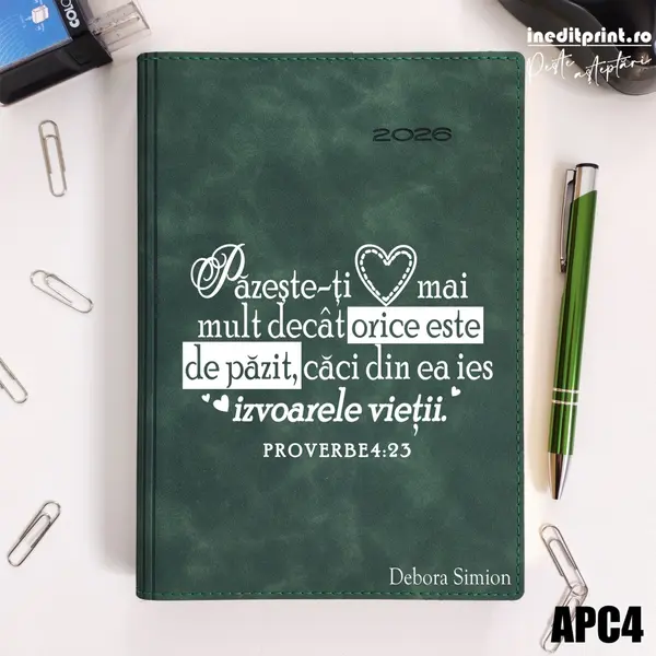 Agenda personalizata 2026 Proverbe 4:23 APC4 DELUXE PREMIUM, Chia Suple Verde