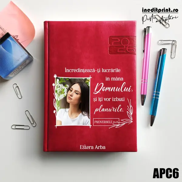 Agenda personalizata 2026 Proverbele 16:3 APC6 DELUXE PREMIUM, Narni Fucsia