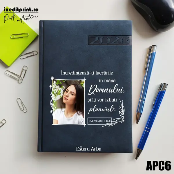 Agenda personalizata 2026 Proverbele 16:3 APC6 DELUXE PREMIUM, Teano Albastru Inchis