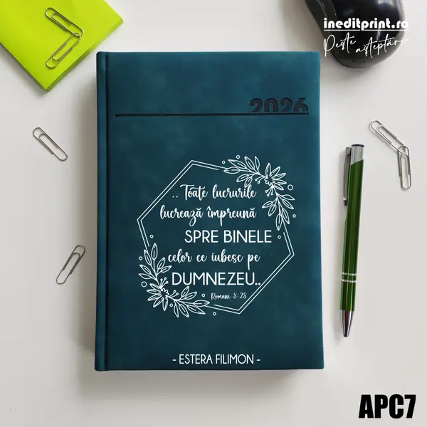 Agenda personalizata 2026 Romani 8:28 APC7 DELUXE PREMIUM, Chia Verde Petrol