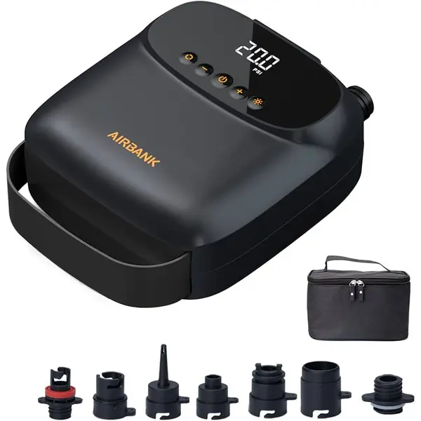 Airbank Pompa electrica cu acumulator pentru SUP, Caiac, Kite, Saltea, 20PSI, 5200mAh, 2 motoare (volum+compresor), Airbank, Powerbank, Lanterna, Umflare-Dezumflare, 7 adaptoare, USB-C, USB A, 12V auto, Geanta transport