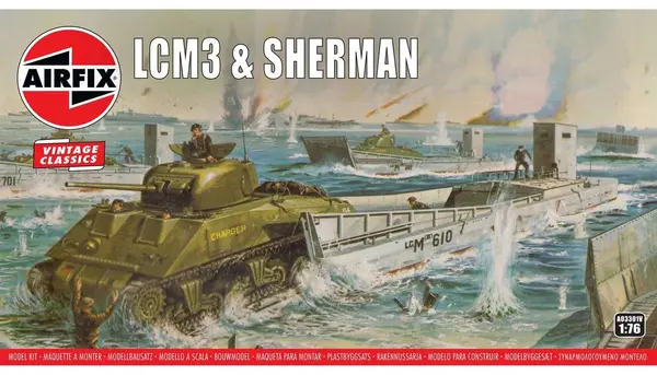 Airfix Model asamblabil Militar: Tancuri - Nava de debarcare mecanizată americană LCM3 și tanc mediu american Sherman M4A2, Vintage