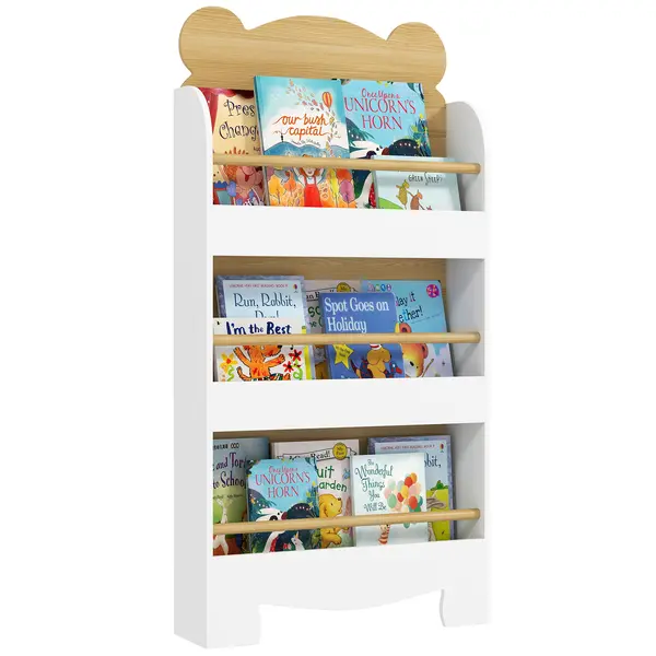 AIYAPLAY Bibliotecă pentru copii, depozitare cărți pentru copii 3 niveluri pentru sală de joacă, cameră de copil, lemn natural | Aosom Romania