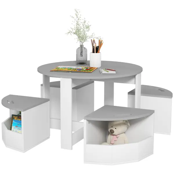 AIYAPLAY Birou Copii, Masă și Scaune pentru Copii din 5 Piese cu Depozitare, pentru Clasă, Creșă, Grădiniță, 78x78x49 cm, Gri