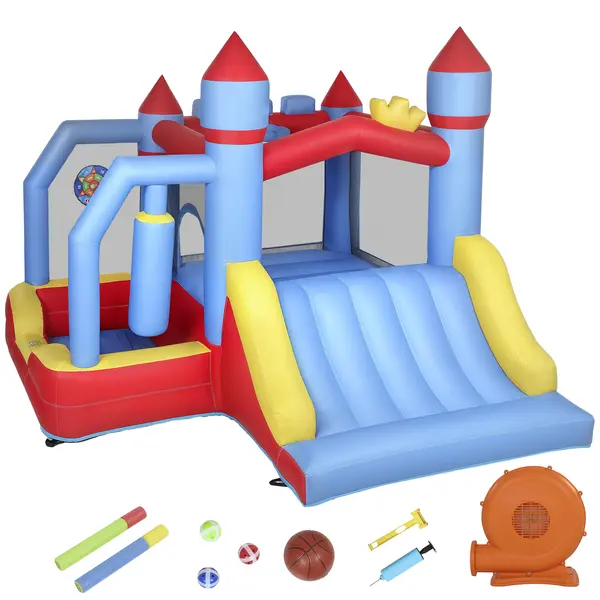 AIYAPLAY Castel gonflabil 5 în 1 cu ventilator, parc acvatic gonflabil, tobogane, trambulină, multicolor | Aosom Romania