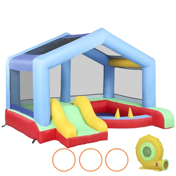AIYAPLAY Castel Gonflabil pentru Copii cu Pompă Tobogan Trambulină Piscină cu Bile Joc de Cercuri Copertină | Aosom Romania