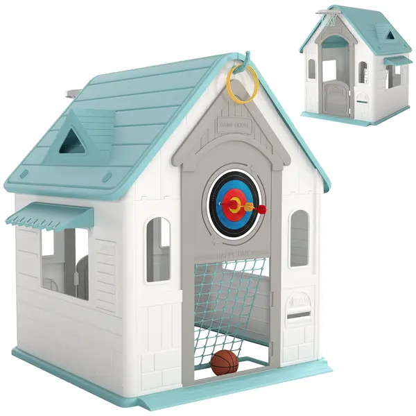 AIYAPLAY Căsuță de Joacă 5-în-1 pentru Copii, de Exterior și Interior, cu Coș de Baschet, Poartă de Fotbal, Tablă de Darts, Joc de Aruncare a Inelelor pentru Copii 2-5 Ani, Bej | Aosom Romania