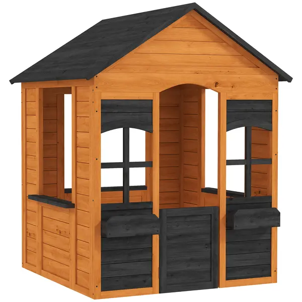 AIYAPLAY Căsuță din Lemn Copii cu Jardiniere, pentru Joacă Exterior/Interior, Vârsta 3-8, Maro | Aosom Romania