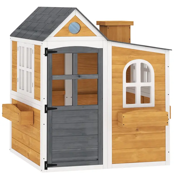 AIYAPLAY Căsuță exterioară pentru copii din lemn, casă pentru copii exterior/interior cu ușă, ferestre, 3 jardiniere, galben | Aosom Romania