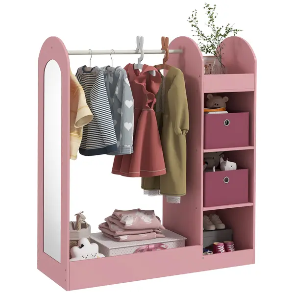 AIYAPLAY Cuier pentru Copii cu Rafturi, Cutii și Oglindă, Mobilier pentru Camera Copilului și Intrare, 92x36x106 cm, Roz | Aosom Romania