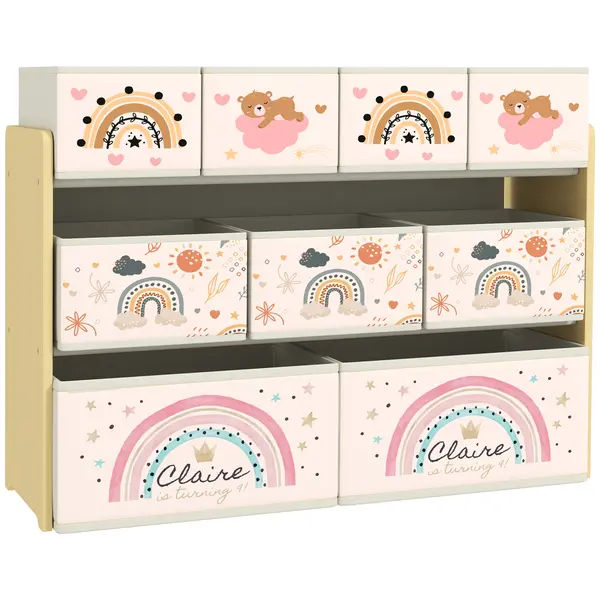 AIYAPLAY Etajeră Depozitare Jucării cu 3 Niveluri și 9 Cutii de Țesătură, Mobilier Depozitare Jucării, 93x30x70 cm, Galben | Aosom Romania