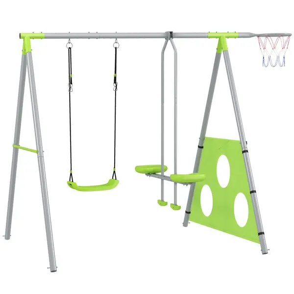 AIYAPLAY Leagăn de Grădină 4 în 1 pentru Copii cu Coș de Baschet și Poartă de Fotbal, 215x180x182 cm, Verde | Aosom Romania