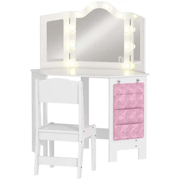AIYAPLAY Masă de toaletă pentru copii 2 în 1 cu scaun oglindă triptică și lumini LED bicolore 93,6 x 48,5 x 111,5 cm alb | Aosom Romania