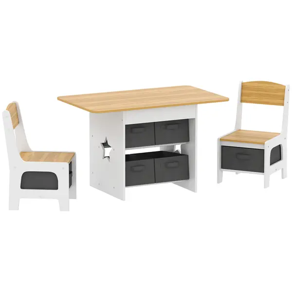 AIYAPLAY Masă pentru copii cu 2 scaune și 6 sertare din material textil, design cu stele, pentru copii 3-8 ani, Natural | Aosom Romania
