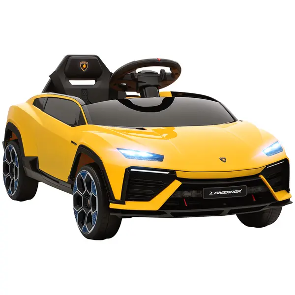 AIYAPLAY Mașină electrică pentru copii 12V cu telecomandă 2,4 GHz, 2 motoare, claxon, LED, muzică, 101,5 x 49 x 43 cm, Galben | Aosom Romania