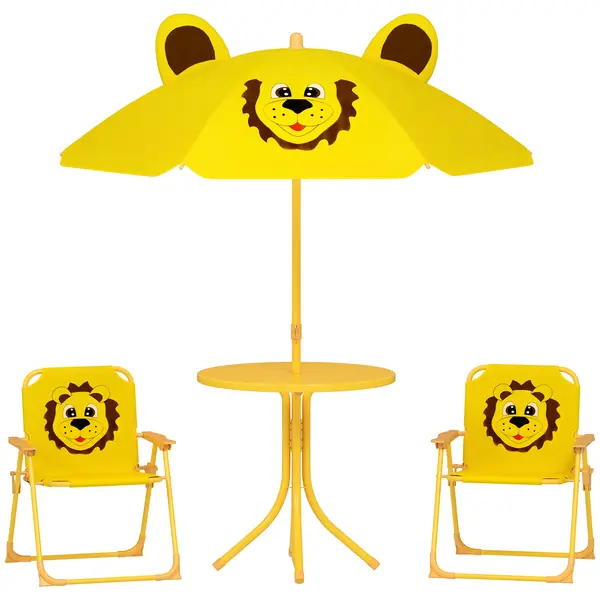 AIYAPLAY Mobilier de grădină pentru copii cu umbrelă de soare reglabilă, Set de picnic pentru copii cu 4 piese, Masă cu 2 scaune pliante, masă, Set de terasă cu model de leu pentru vârstele 2-5 ani, Galben | Aosom Romania