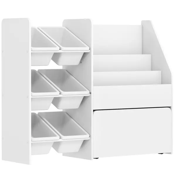 AIYAPLAY Mobilier depozitare copii depozitare jucării copii 6 cutii detașabile și cutie mare pe roți 100 x 30 x 80 cm alb | Aosom Romania