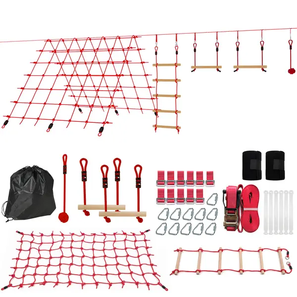 AIYAPLAY Ninja Line Set Slackline pentru copii 10 m cu inele, leagăn, scară de cățărat și plasă de cățărat pentru 3-6 ani 1000x300x180 cm Roșu | Aosom Romania