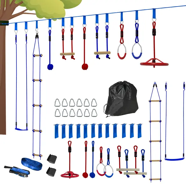AIYAPLAY Parcurs de obstacole ninja pentru copii 10 accesorii 10 m, slackline și geantă de transport, albastru | Aosom Romania