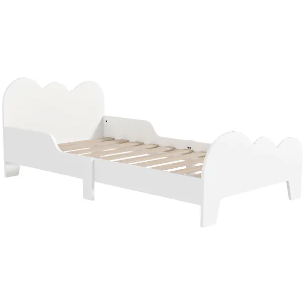 AIYAPLAY Pat pentru copii la sol 70x140 cm cu barieră de siguranță, somieră cu lamele inclusă și decorațiuni în formă de nor, alb | Aosom Romania