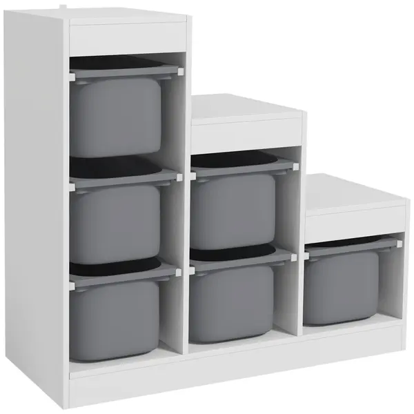 AIYAPLAY Raft Portabil pentru Jucării cu 3 Niveluri și 6 Coșulețe, Mobilier pentru Camera Copiilor, 96x38,5x90 cm, Gri | Aosom Romania