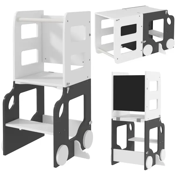 AIYAPLAY Scara Montessori 4 în 1 pentru Copii cu 2 Table și Set Masă și Scaun, din Lemn, 58x46x92 cm, Alb | Aosom Romania