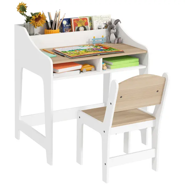 AIYAPLAY Set birou si scaun pentru copii 3-8 ani cu compartimente si rafturi deschise, efect lemn natural | Aosom Romania