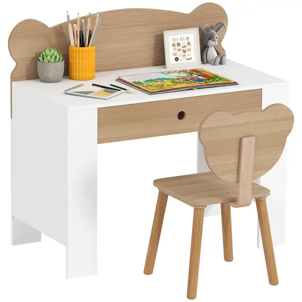 AIYAPLAY Set birou și scaun pentru copii 3-8 ani cu sertar, efect lemn natural | Aosom Romania