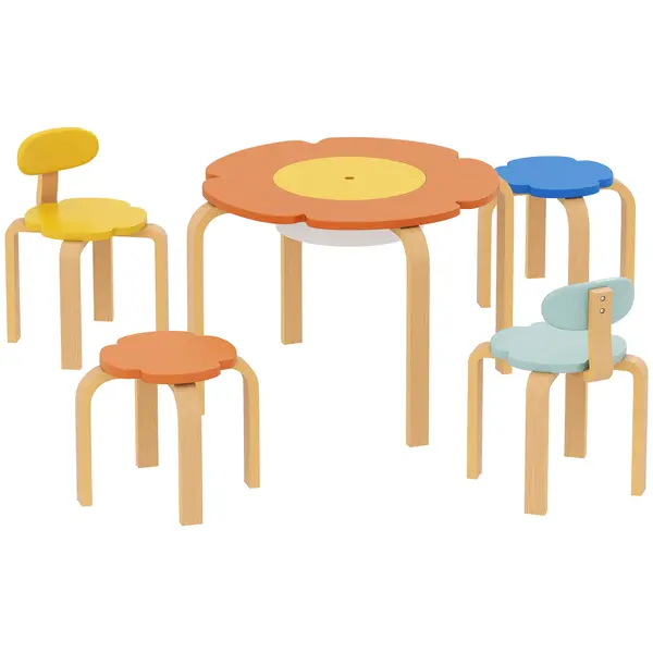 AIYAPLAY Set de 5 piese masă și scaune pentru copii, cu buzunar de depozitare, formă de floare, pentru camera de joacă, camera copiilor, lemn, multicolor | Aosom Romania