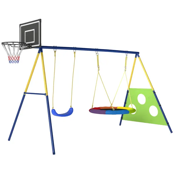 AIYAPLAY Set Leagăne de Grădină 4-în-1 pentru Copii cu Leagăne Duble, Coș de Baschet, Poartă de Fotbal, Cadru Metalic în Formă de A, Capacitate 150 kg, pentru Exterior, 3-8 Ani, 288x160x220 cm | Aosom Romania