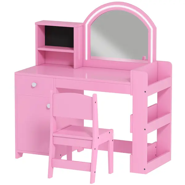AIYAPLAY Set masă și scaun de machiaj pentru copii, cu lumini LED, MDF, Acril, 88.6 x 38.8 x 96.9, Roz | Aosom Romania