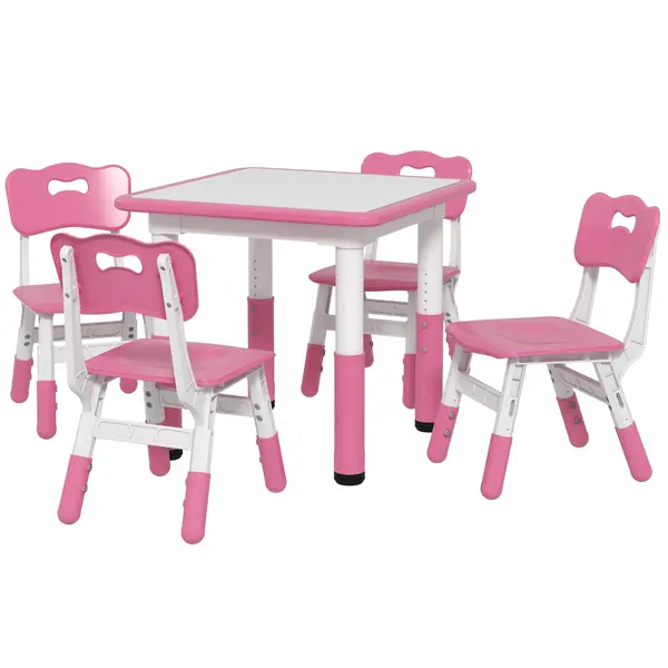 AIYAPLAY Set Masă și Scaune pentru Copii 18-60 Luni cu Înălțime Reglabilă și Tablă de Scris, 60x60x46-58 cm, Roz | Aosom Romania