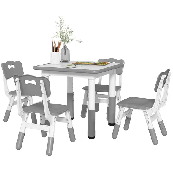 AIYAPLAY Set Masă și Scaune pentru Copii, 5 piese cu 4 Scaune Reglabile 32x36x52.5-56 cm și Masă 60x60x46-58 cm, Gri | Aosom Romania