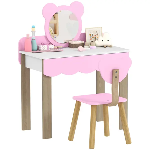 AIYAPLAY Set Masuta Cosmetica cu Scaunel pentru Copii, Oglinda de Machiaj, Forma Ursulet, Sertar, MDF, Roz | Aosom Romania
