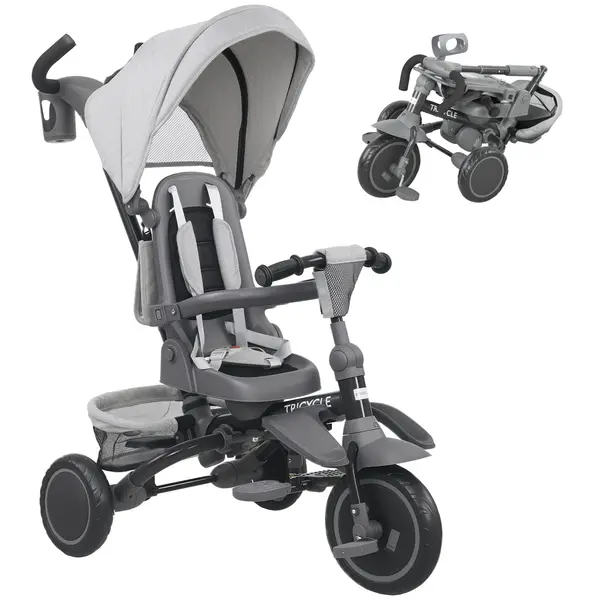AIYAPLAY Triciclu bebeluș evolutiv 6 în 1, triciclu copil pliabil cu mânere pentru părinți reglabile, scaun pivotant 360°, gri | Aosom Romania