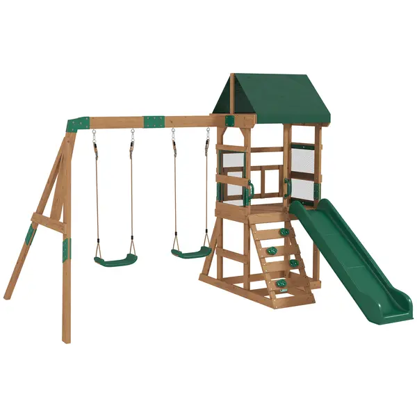 AIYAPLAY Turn de joacă Cadru de cățărat Lemn Cadru de leagăn cu tobogan 2 leagăne Perete de cățărat pentru 3-8 ani 315x284x233 cm Verde | Aosom Romania
