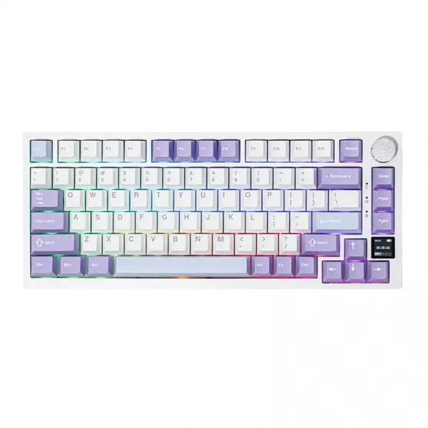 Ajazz Tastatura mecanica, 75%, Combinate, Ajazz, AK820 Pro, Flying Fish Switch, RGB, Microsoft Windows Linux iOS, 377x134x40mm, USB Type-C cu fir, Bluetooth 5.0 si 2.4 GHz, Alb-Mov