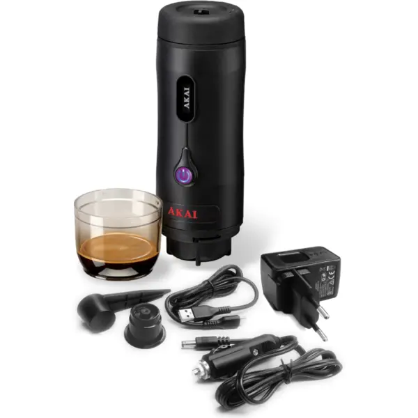 Akai Espressor portabil Akai, 15 bar, rezervor 50 ml, baterie reincarcabila, afisaj digital