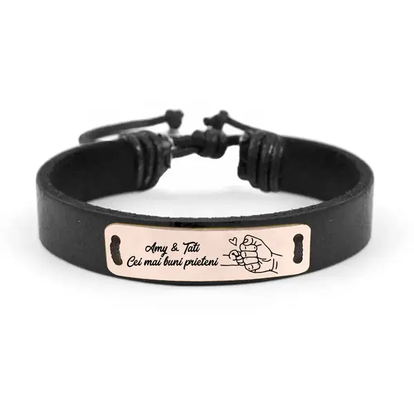 Alan - Bratara personalizata cu piele si tablita pentru tata din argint 925 placat cu aur roz