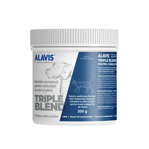 ALAVIS Triple Blend, supliment sistem articular câini, pudră ALAVIS Triple Blend, XS-XL, supliment sistem articular câini și pisici, flacon, 200g pudră